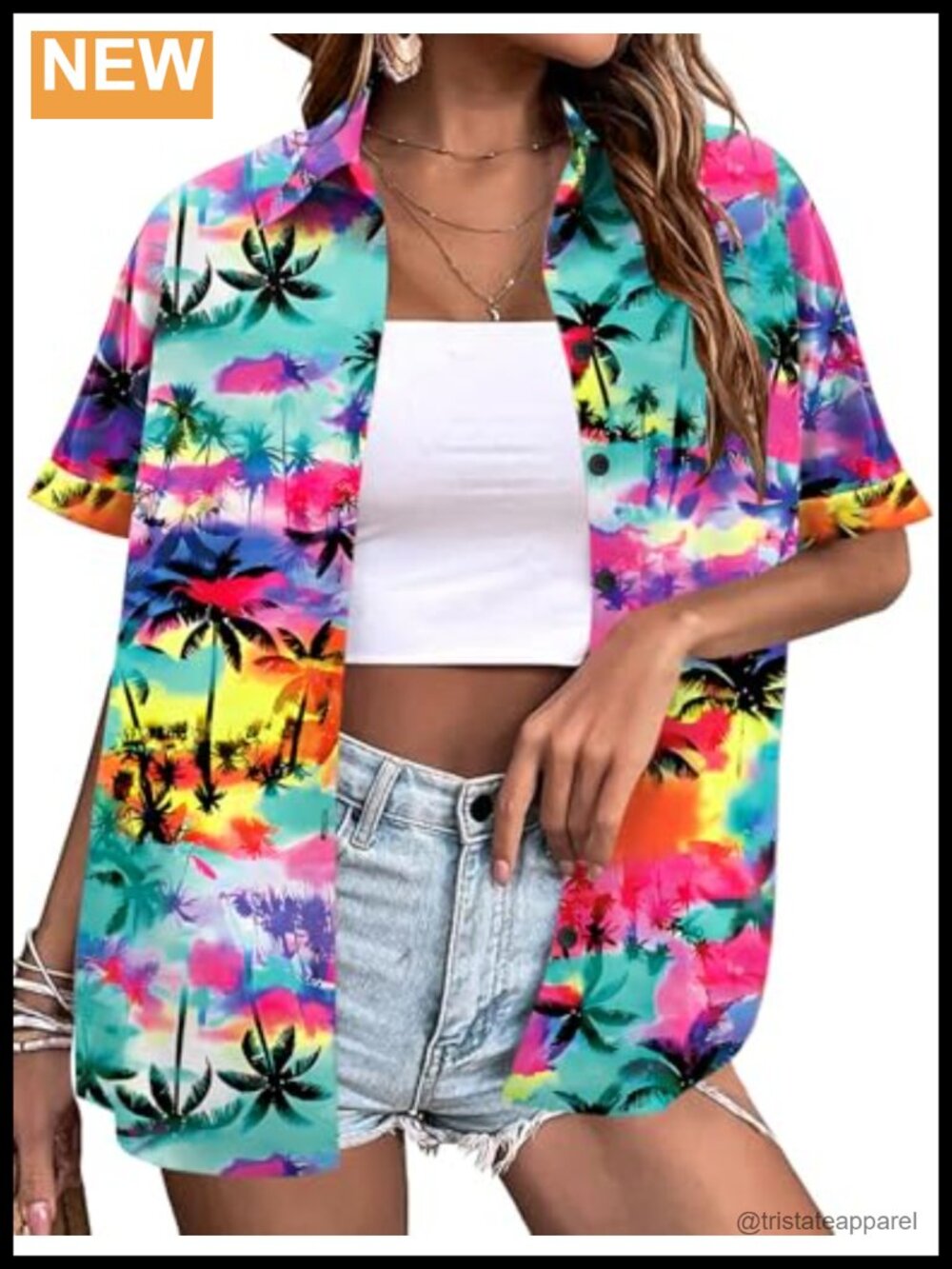 Women's Hawaiian Floral Button Down Shirt Short Sleeve Chiffon Blouse